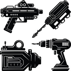 Weapon and Industrial Power Tool Silhouette Vector Icon Set