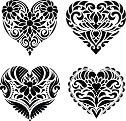 Decorative Ornamental Floral Heart Silhouette Vector Set