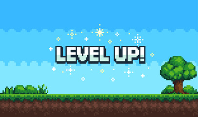 Pixel art game background with button level up. Game design concept in retro style. Vector illustration eps 10 © Bohdan
