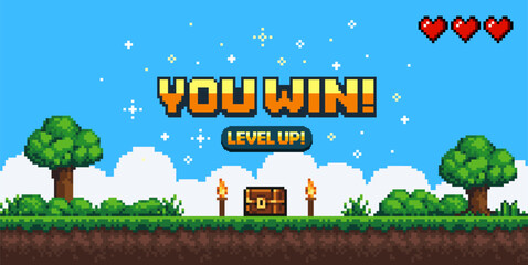 Pixel art background with you won game button. Game design concept in retro style. Vector illustration © Bohdan