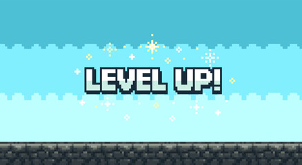 Pixel art game background with button level up. Game design concept in retro style. Vector illustration eps 10 © Bohdan