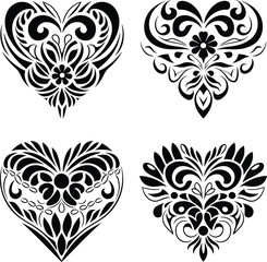 Decorative Ornamental Floral Heart Silhouette Vector Set