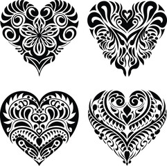 Decorative Ornamental Floral Heart Silhouette Vector Set