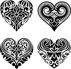 Decorative Ornamental Floral Heart Silhouette Vector Set