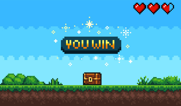 Pixel art Game background with you won game button. Game design concept in retro style. Vector illustration