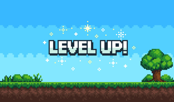 Pixel art game background with button level up. Game design concept in retro style. Vector illustration eps 10