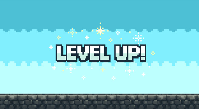 Pixel art game background with button level up. Game design concept in retro style. Vector illustration eps 10