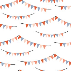 Obraz premium Seamless pattern with festive garlands with flags on a white background. Flat style