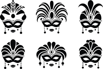 Carnival Masquerade Mask Silhouette Set. Black Venetian Party Costume Icons and Vector Illustrations.