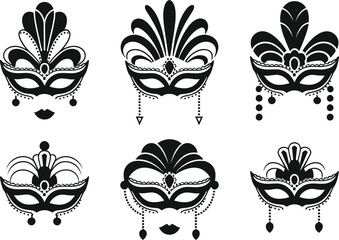 Carnival Masquerade Mask Silhouette Set. Black Venetian Party Costume Icons and Vector Illustrations.