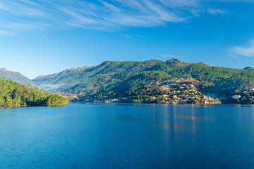 Blue Cavado River and Green Mountains on Sunny Day. Peneda-Geres National Park. Portugal