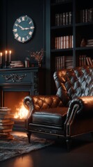 Obraz premium Brown leather armchair in dark academia library with fireplace