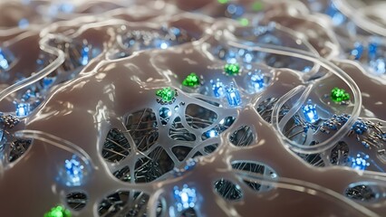 Abstract micro technology of digital neuron connections with shiny lights system networks