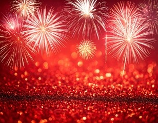 Obraz premium Festive image showcasing vibrant fireworks bursting against a sparkling, red, glittery background, evoking celebration and joy