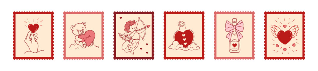 Happy Valentine's Day concept, pink and red hand-drawn love post stamps doodle sketch style: bear, hearts, Cupid, Cupid's arrow, potion, cloud, bow, champagne bottle&mdash;creative design for web, graphic.