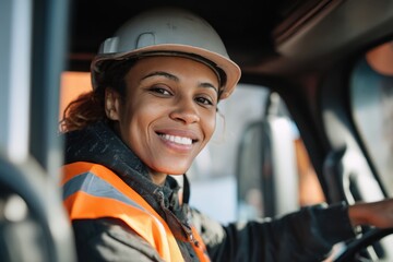 smiling young black woman in a helmet, driving a truck at a construction site