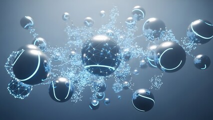 Abstract network connection structure with glossy spheres and luminous lines on gray gradient