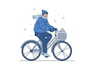 Fototapeta premium Man in winter clothes riding bicycle with gift basket in falling snow. Vector Illustration. EPS Editable