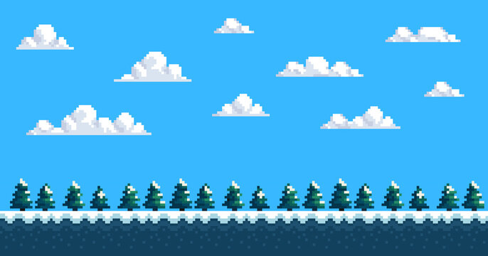 Pixel art background sky, clouds and fir trees. seamless Vector illustration