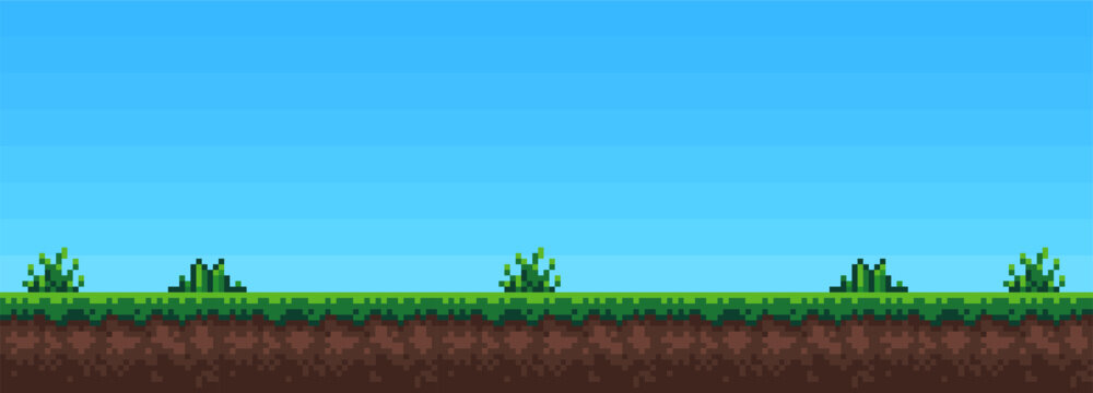 Pixel art background sky, clouds and grass. seamless Vector illustration
