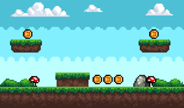 Pixel Art Game Background with Sky, Coins and Grass &ndash; Seamless Platformer Level