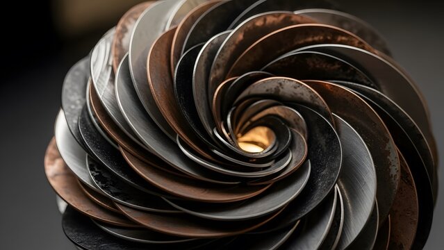 Abstract sculpture swirl formed from metal sheets of different textures silver, bronze and black