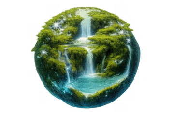 Green planet sphere with cascading waterfalls, lush forest, and sparkling water, symbolizing nature protection and ecosystem balance