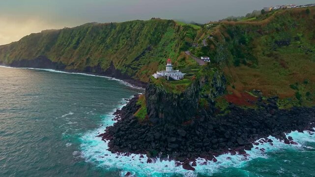 Aerial view of Arnel Lighthouse on Sao Miguel Island, Azores