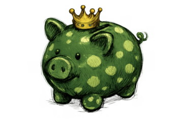 Green piggy bank wearing a gold crown, symbolizing savings, financial success, investment wealth, and economic prosperity
