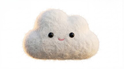 3D High Fidelity Cute Fluffy Cloud Character with Happy Face and Soft Fur Texture Isolated on White