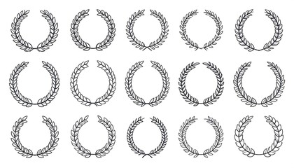 Fifteen grayscale illustrations of symmetrical leaf wreaths arranged in three rows of five. They vary slightly in leaf form