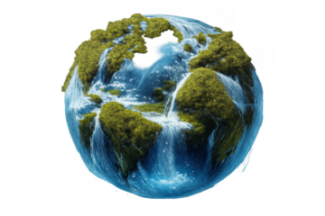 Living planet earth sphere with lush green moss and flowing waterfalls, symbolizing nature, conservation, and ecology on transparent background