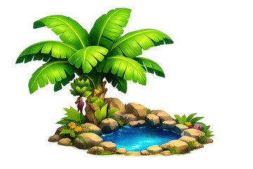 Rendering a vibrant tropical oasis with a lush palm tree, natural pond, and decorative rocks. Ideal for game assets