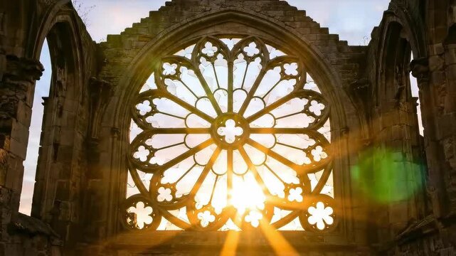 Sunlight filtering through gothic rose window at sunset. Timelapse of evolving light rays illuminating stone arch in ancient cathedral. Architectural beauty and natural glow.