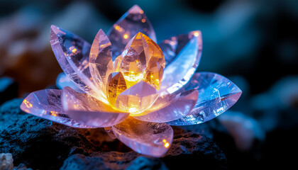 A Glowing Crystal Lotus Blooming on Volcanic Rock with Warm Ambient Light in a Magical Scene