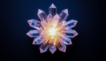 A Symmetrical Arrangement of Glowing Crystal Points Forming a Radiant Floral Mandala on a Dark Background