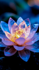 A Radiant Crystal Lotus Flower Illuminated from Within, Set Against a Dreamy Blue Background