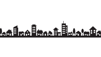 Fototapeta premium Silhouette Cityscape Illustration with Various Buildings and Trees on Transparent Background