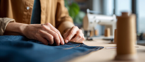 Close-up of hands sewing denim fabric with and thread in a workshop with sewing machine and spools in background