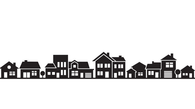 Silhouette cityscape of various residential buildings on white background