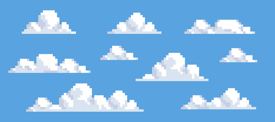 Fluffy clouds pixel art icon set. Smoke or fog. sky 8-bit sprite Isolated vector illustration © Bohdan