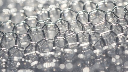 Close up of interconnected hexagonal bubbles create unique pattern on sparkling surface