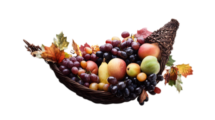 Autumn Harvest Cornucopia with Fresh Fruits and Grapes