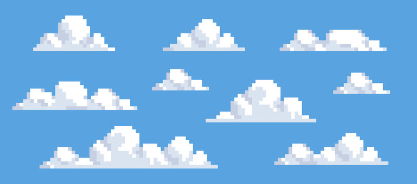 Fluffy clouds pixel art icon set. Smoke or fog. sky 8-bit sprite Isolated vector illustration