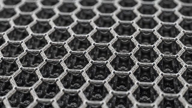 Close up view of metal mesh in hexagonal geometric structure for nano science and technology