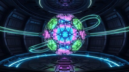 Complex futuristic sphere inside circular structure with neon lights and glowing energy trails