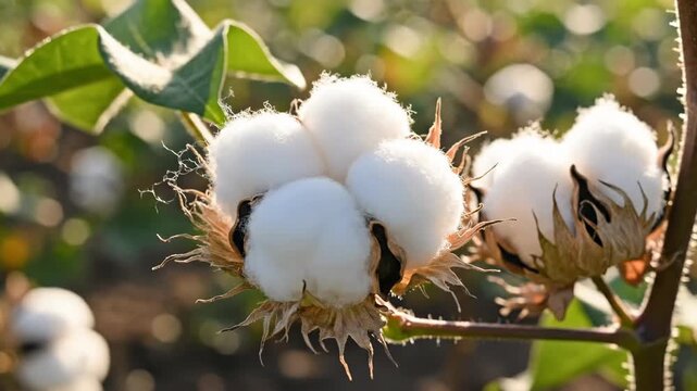 Cotton field with ripe white bolls on green plants. Agricultural crop harvest in sunny farmland. Natural farming and textile production concept.
