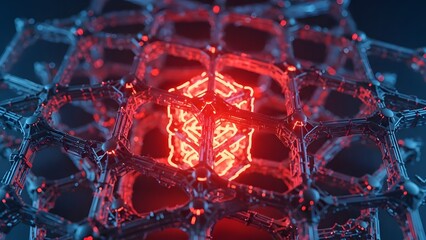 Connected network of nodes and lines with glowing red center structure nanotechnology concept