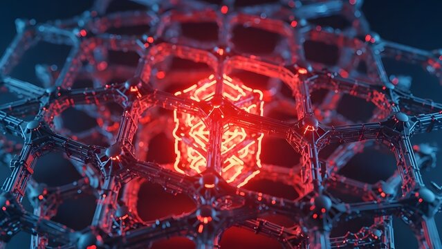 Connected network of nodes and lines with glowing red center structure nanotechnology concept - Powered by Adobe