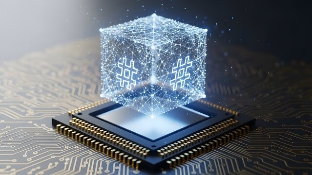 Cube network above microchip depicting processing technology and data transmission - Powered by Adobe